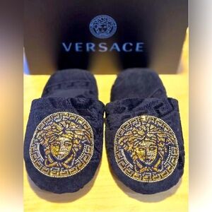 VERSACE Medusa Crystal Embellished Black & Gold Bath Slippers Size 5.5 NWT